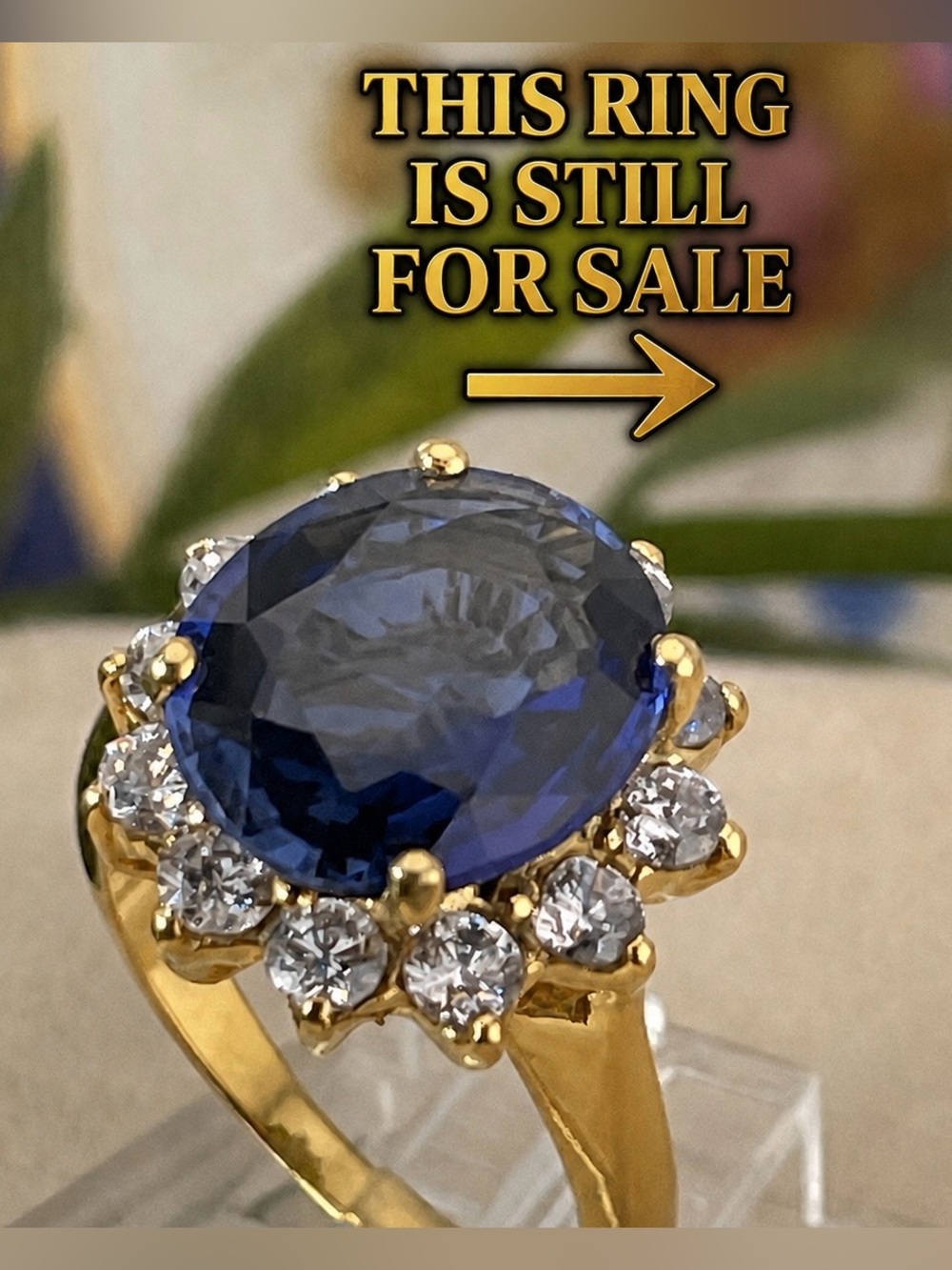 Blue Sapphire white 24k Yellow Gold Electroplated on Sterling Silver Ring 8ct